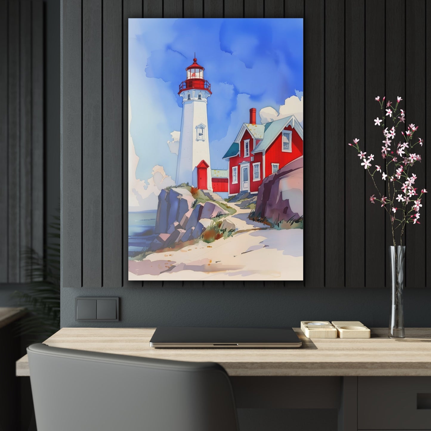 Vertical-oriented wall art: A watercolor-style painting of a lighthouse perched on rocky cliffs overlooking a vast ocean. The sky is painted in shades of blue with wispy white clouds, and the rugged coastline is depicted in intricate detail.