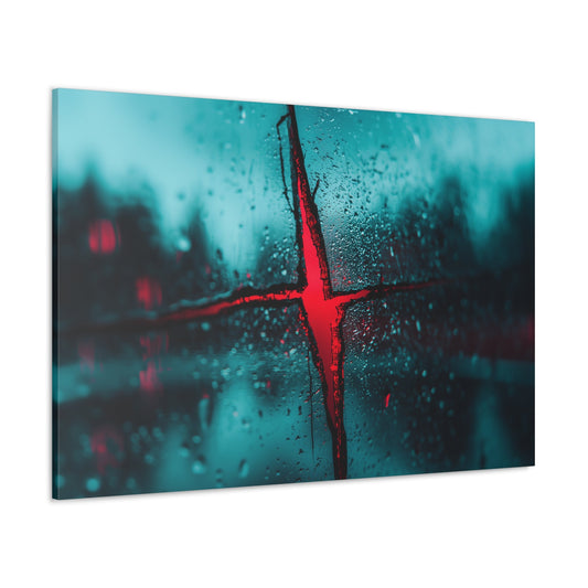 Horizontal-oriented wall art: "The Fractured Veil" A surreal depiction of a glowing crimson crack slicing through a rain-soaked surface, with shimmering water droplets enhancing the eerie atmosphere. This artwork evokes the feeling of a fractured reality, drawing the viewer into an alternate dimension of mystery and tension.