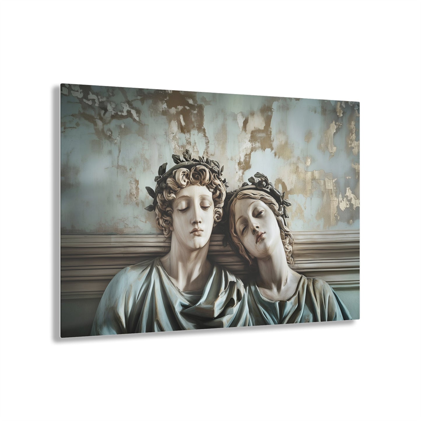 Horizontal-oriented wall art: "Tranquil Companions" Two classical statues, rest their heads against each other with eyes closed, evoking a serene sense of companionship. The weathered background with soft pastel tones and hints of gold adds to the tranquil, nostalgic ambiance of the artwork.