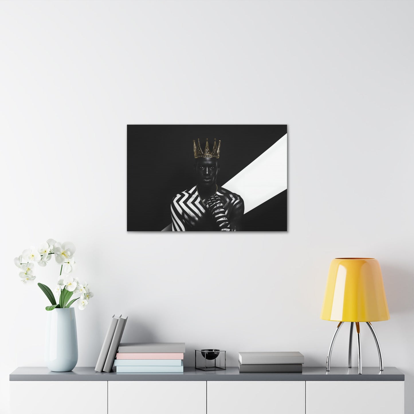 Horizontal-oriented wall art: "Crown of Dignity III" A striking portrait of a regal figure wearing a metallic gold crown, adorned in bold black and white geometric patterns. The artwork captures a modern, dignified presence, blending contemporary abstraction with royal elegance against a high-contrast background.