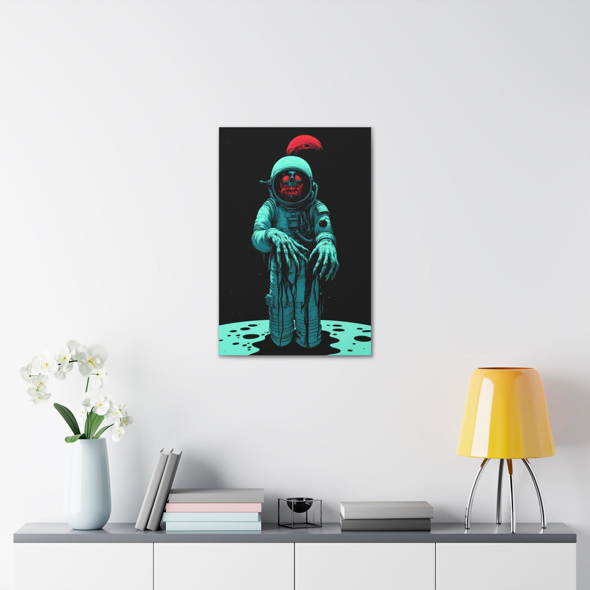 Vertical-oriented wall art: "Cosmic Remains IV" A decayed astronaut, with grotesque hands reaching forward, stands against a dark space background, illuminated by eerie teal and red tones. The haunting figure evokes a sense of cosmic horror and isolation, creating a striking contrast between the decaying form and the endless void.