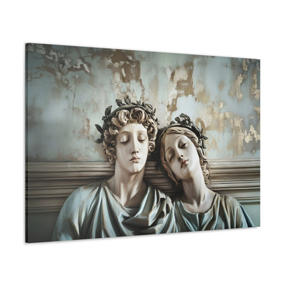 Horizontal-oriented wall art: "Tranquil Companions" Two classical statues, rest their heads against each other with eyes closed, evoking a serene sense of companionship. The weathered background with soft pastel tones and hints of gold adds to the tranquil, nostalgic ambiance of the artwork.