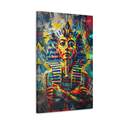 Vertical-oriented wall art: A regal portrait of King Tutankhamun, depicted with a golden headdress and adorned with ornate jewelry, exuding an aura of majesty and power.