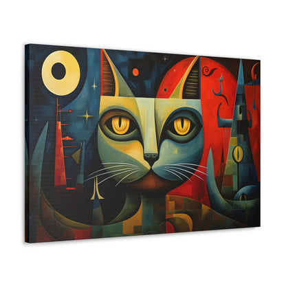 Horizontal-oriented wall art: A Cubist-inspired cat stares directly at the viewer, its eyes glowing with intensity against a backdrop of geometric shapes in deep blues, reds, and yellows. The abstract and surreal composition captures the feline's enigmatic nature, blending elements of modern art movements to create a vivid, otherworldly scene.