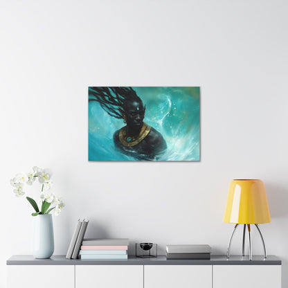 Horizontal-oriented wall art: "Obsidian Elegance II" A striking portrait of a Black elf adorned with intricate golden jewelry, surrounded by swirling, vibrant turquoise water. The composition highlights the figure's regal presence and otherworldly grace in a captivating fantasy setting.