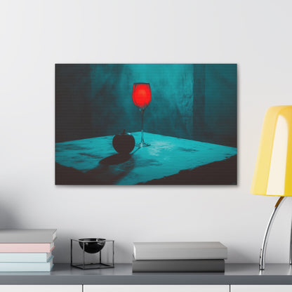 Horizontal-oriented wall art: "Eden’s Reflection" A glowing crimson wine glass and a shadowed black apple rest on a textured table, surrounded by a misty teal atmosphere. This gothic still-life composition captures an air of mystery and temptation with its striking interplay of light and shadow.