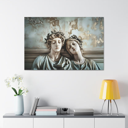 Horizontal-oriented wall art: "Tranquil Companions" Two classical statues, rest their heads against each other with eyes closed, evoking a serene sense of companionship. The weathered background with soft pastel tones and hints of gold adds to the tranquil, nostalgic ambiance of the artwork.