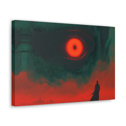 Horizontal-Oriented wall art: A lone hero stands before a massive, glowing red eye that dominates the dark, ominous landscape, symbolizing the looming threat of the final boss. The intense contrast of deep greens and fiery reds heightens the tension, capturing the moment before an epic battle.