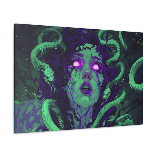 Horizontal-oriented artwork: An eerie digital illustration depicting the mythical figure Medusa, with vivid green and purple hues. Medusa's captivating gaze is surrounded by swirling, eldritch energies, evoking an aura of mystery and allure.