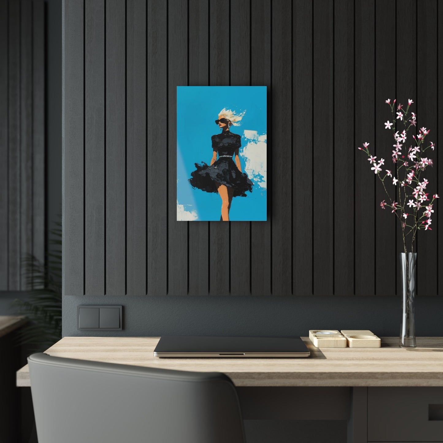 Vertical-oriented wall art: "Black Enigma II." A confident woman walks gracefully in a textured black dress, her wind-blown hair illuminated against a vibrant cerulean sky. The bold palette knife technique and striking contrasts emphasize empowerment and elegance.