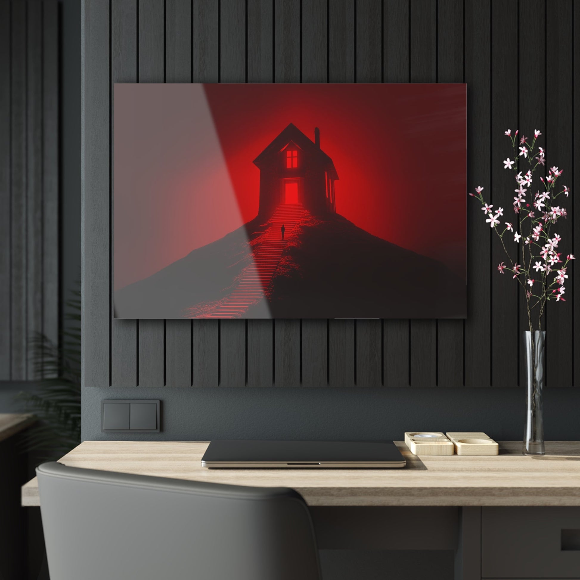 Horizontal-oriented wall art: Artwork titled Crimson Ascent from the Ruby Realms collection, featuring a glowing red house atop a hill with a solitary figure ascending a shadowed staircase. The piece creates an eerie and surreal atmosphere with its intense red glow and dramatic contrast.