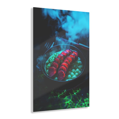 Vertical-oriented wall art: "Xeno Cuisine II." A glowing plate of vibrant red alien meat and bioluminescent green vegetables sits on a dark, misty backdrop. The surreal lighting and vivid colors evoke a futuristic, otherworldly atmosphere.