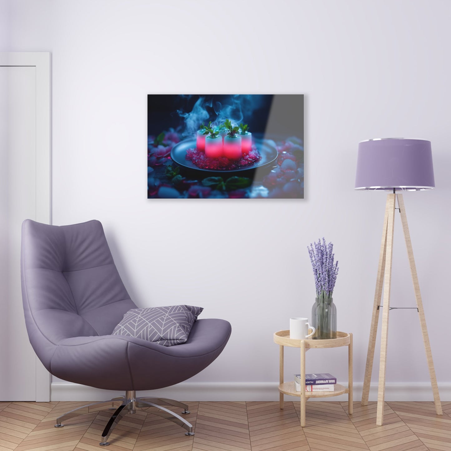 Horizontal-oriented wall art: "Xeno Cuisine." A glowing arrangement of alien meat and bioluminescent vegetables sits on an obsidian plate, surrounded by vapor and crystalline accents. The vibrant pink and cool blue tones contrast against the dark background, creating an otherworldly and surreal atmosphere.