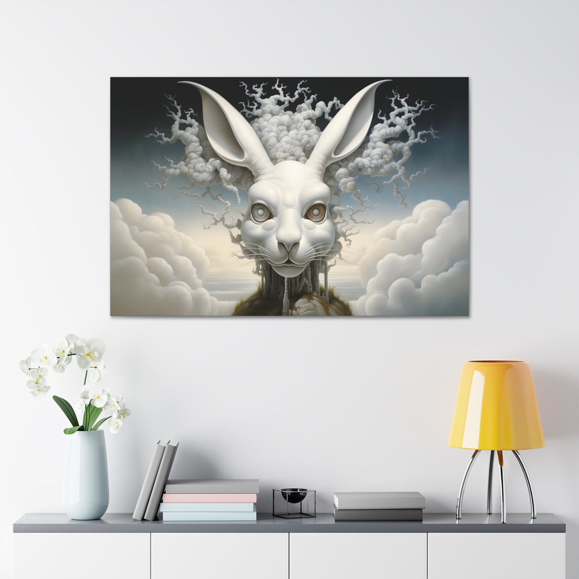 Horizontal-oriented wall art: A surreal, oversized white hare with mechanical eyes is depicted in the center, surrounded by swirling cloud-like forms. The background features a dreamy, ethereal landscape with hints of industrial architecture, blending natural and abstract elements.