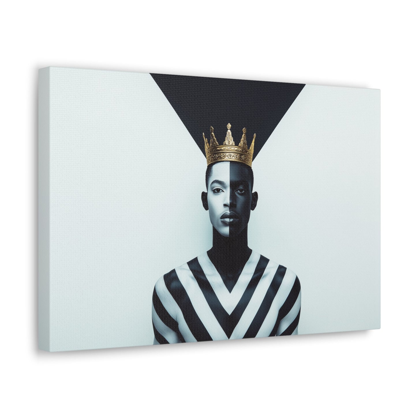 Horizontal-oriented wall art: "Crown of Dignity" A powerful portrait of a man wearing a golden crown, his face divided into bold black-and-white halves symbolizing balance and duality. The geometric background enhances the striking composition, blending regal elegance with modern precision.