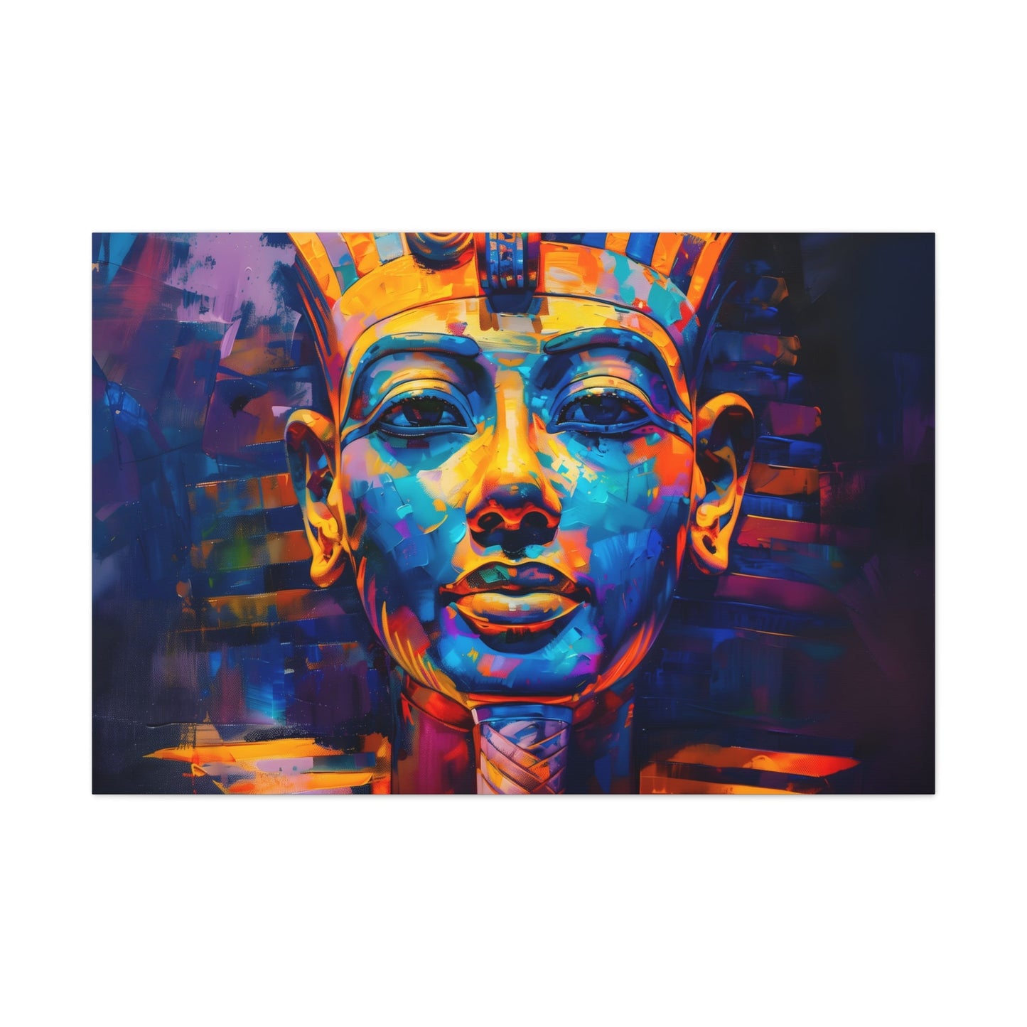 Horizontal-oriented wall art: A regal portrait of King Tutankhamun, depicted with a golden headdress and adorned with ornate jewelry, exuding an aura of majesty and power.