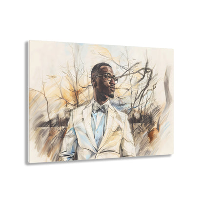 Horizontal-oriented artwork: Digital artwork depicting a stylish man wearing glasses and a white suit against a backdrop of trees.