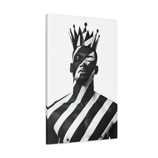 Vertical-oriented wall art: "Crown of Dignity II" A regal portrait of a man wearing a bold, geometric crown, with black and white stripes painted across his face and body. The minimalist composition emphasizes strength, elegance, and cultural pride in a modern, abstract style.