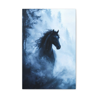 Vertical-oriented wall art: "Shadowed Stallion IV" A powerful black stallion charges through a misty forest, its mane flowing wildly as snow swirls around it. The contrast between the horse's dark figure and the soft, ethereal fog creates a striking, otherworldly scene.