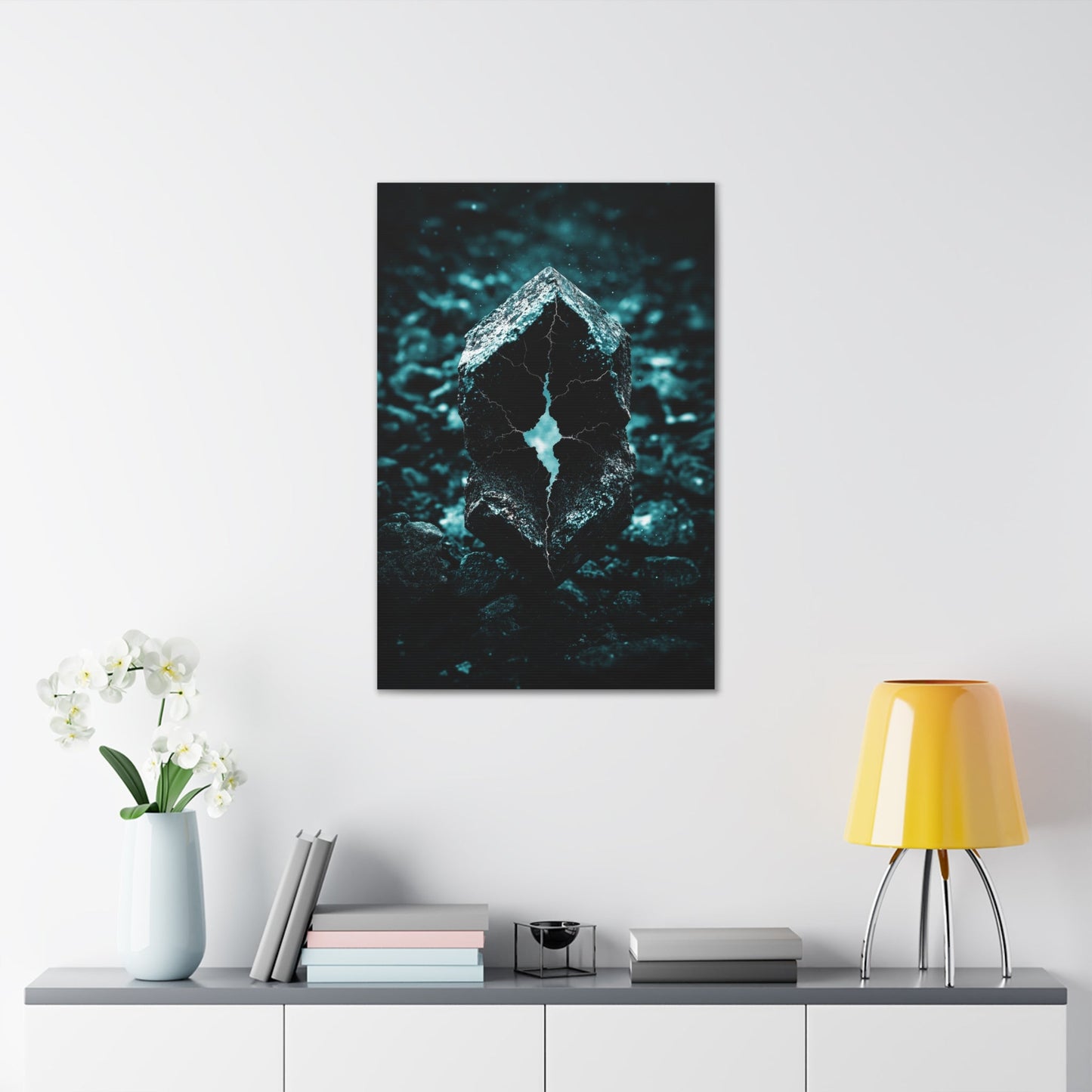 Vertical-oriented wall art: "Fractured Veil II" A glowing, fractured stone with jagged teal cracks sits amid a dark, rocky terrain, radiating an otherworldly light. The hyperreal textures and eerie illumination evoke a sense of mystery and untapped cosmic power.