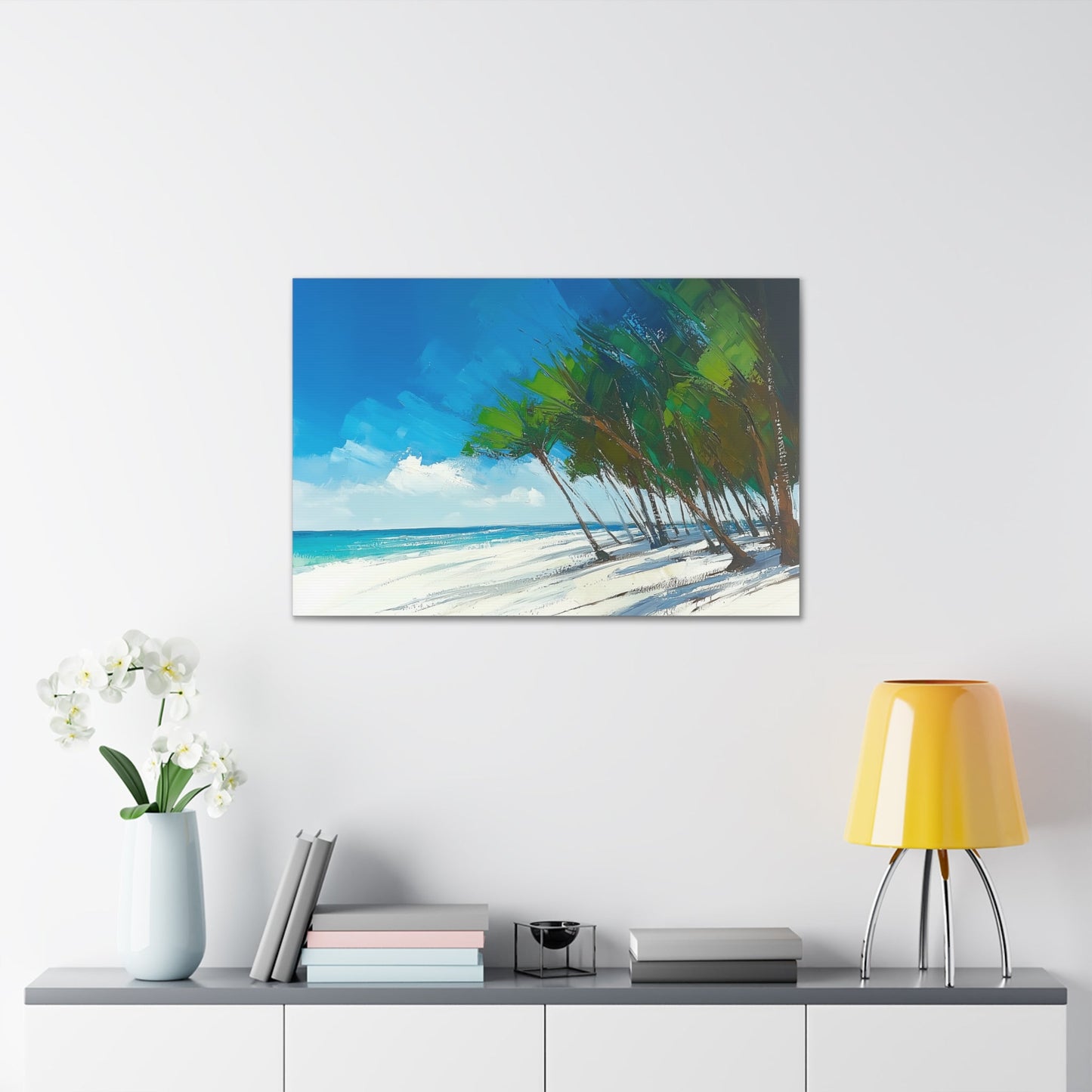 Horizontal-oriented wall art: "Sands of Summer." A serene, golden shoreline meets rippling waves under a pastel sky, blending warm amber hues with soft blues and pinks. The textured impressionistic brushwork creates a dreamy and peaceful coastal scene.