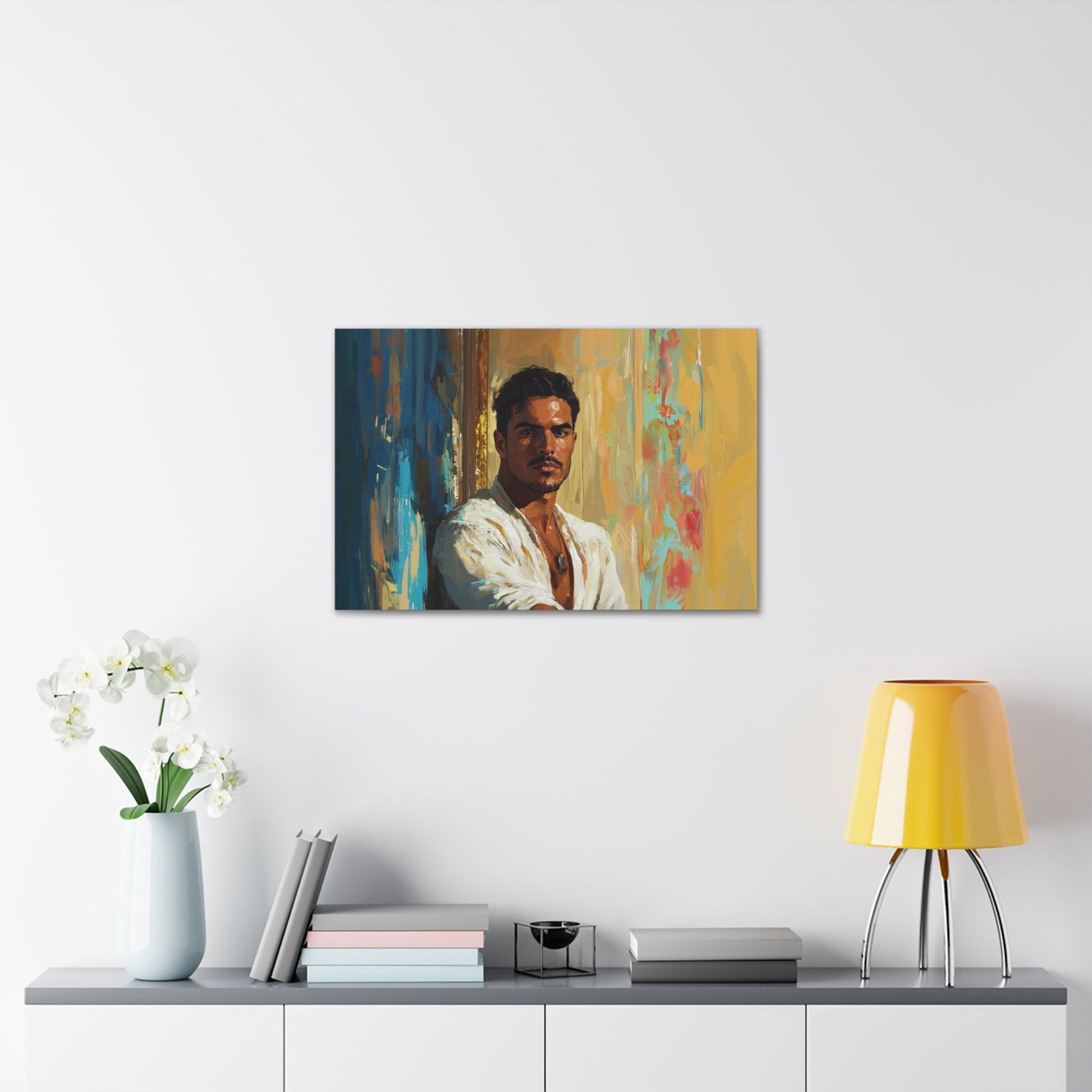 Horizontal-oriented wall art: "Stillness in Strength." A contemplative Latino man gazes forward with quiet confidence, surrounded by warm golden hues and cool blue accents. The oil painting style and radiant lighting create a refined and introspective composition.