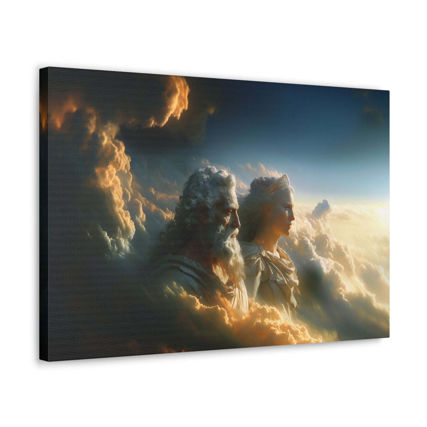 Horizontal-oriented wall art: "Storm of Affection" from the Elysian Legends collection depicts Zeus and Hera in a surreal, tempestuous scene surrounded by swirling clouds and lightning, symbolizing their passionate and conflict-filled love. The dramatic lighting and ethereal elements enhance the divine and mythical atmosphere, drawing viewers into the epic narrative of these Greek gods.