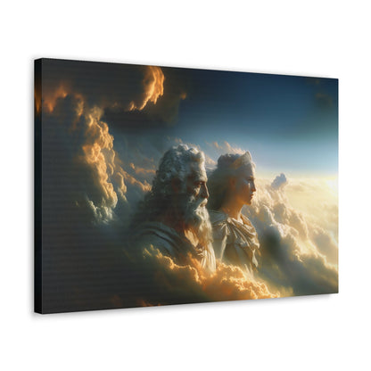 Horizontal-oriented wall art: "Storm of Affection" from the Elysian Legends collection depicts Zeus and Hera in a surreal, tempestuous scene surrounded by swirling clouds and lightning, symbolizing their passionate and conflict-filled love. The dramatic lighting and ethereal elements enhance the divine and mythical atmosphere, drawing viewers into the epic narrative of these Greek gods.