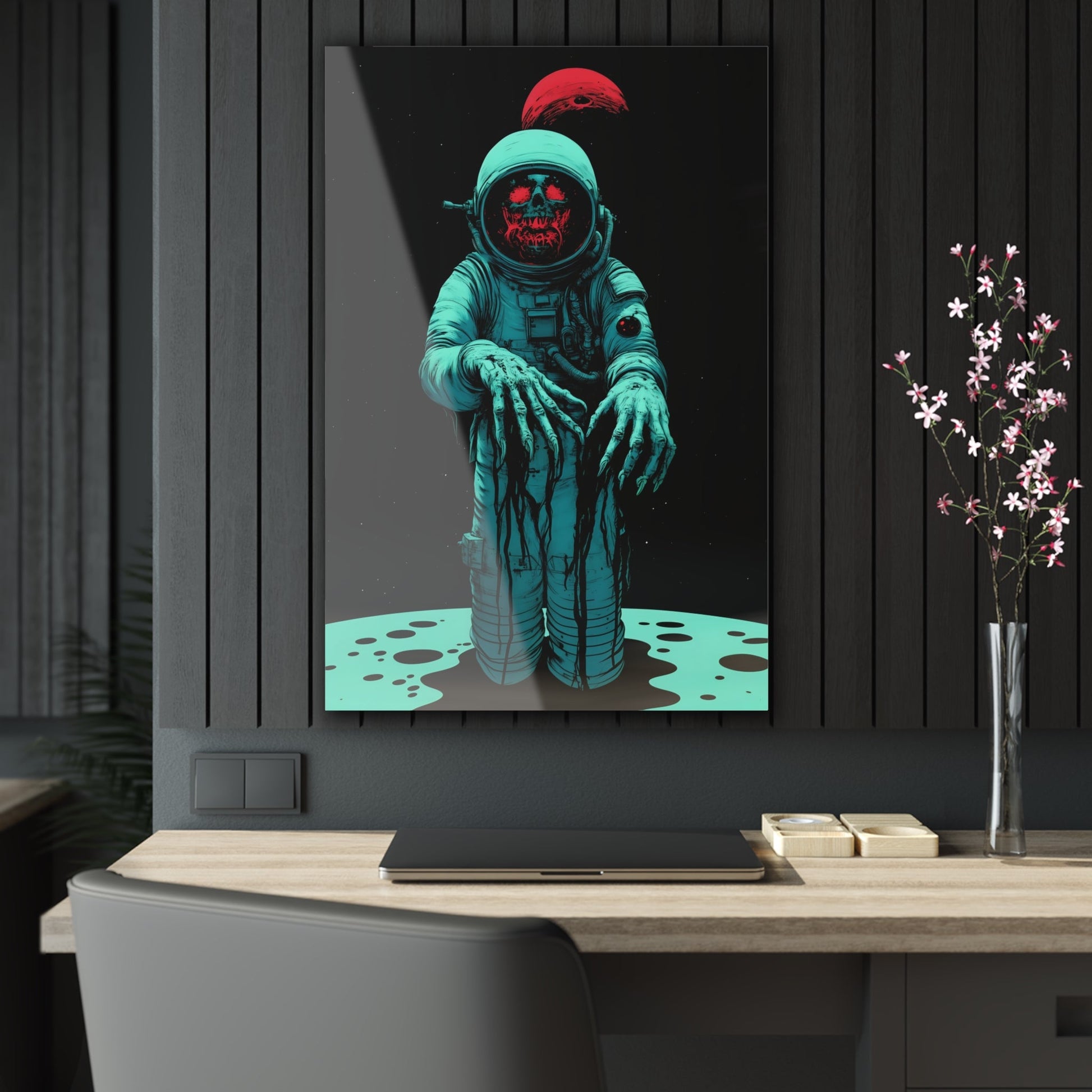 Vertical-oriented wall art: "Cosmic Remains IV" A decayed astronaut, with grotesque hands reaching forward, stands against a dark space background, illuminated by eerie teal and red tones. The haunting figure evokes a sense of cosmic horror and isolation, creating a striking contrast between the decaying form and the endless void.