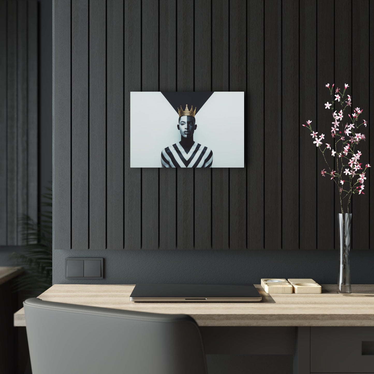 Horizontal-oriented wall art: "Crown of Dignity" A powerful portrait of a man wearing a golden crown, his face divided into bold black-and-white halves symbolizing balance and duality. The geometric background enhances the striking composition, blending regal elegance with modern precision.