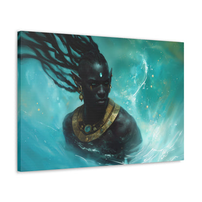 Horizontal-oriented wall art: "Obsidian Elegance II" A striking portrait of a Black elf adorned with intricate golden jewelry, surrounded by swirling, vibrant turquoise water. The composition highlights the figure's regal presence and otherworldly grace in a captivating fantasy setting.