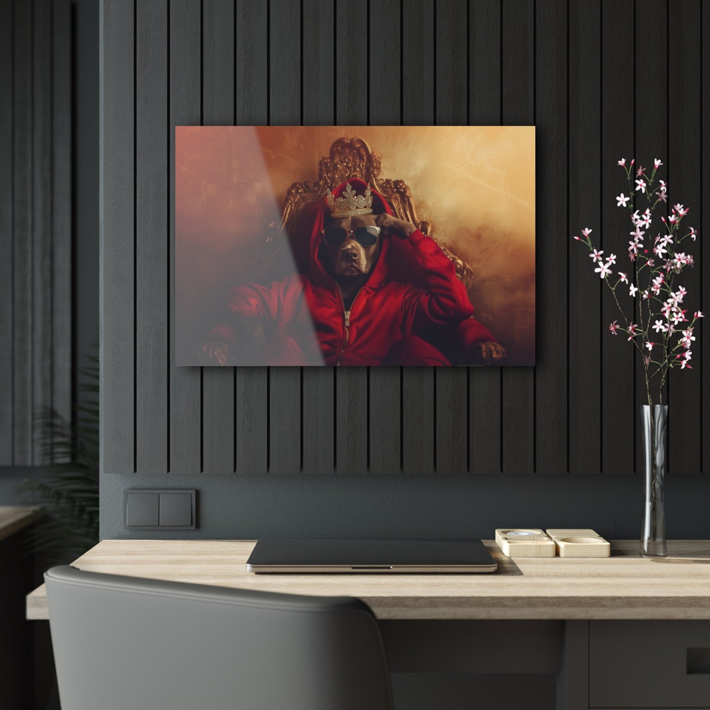 Horizontal-oriented wall art: "Crowned Companion" A regal dog sits on an ornate golden throne wearing a crown, sunglasses, and a red hoodie, exuding confidence and charm. This playful artwork combines luxury with a modern twist, celebrating the noble spirit of pets.