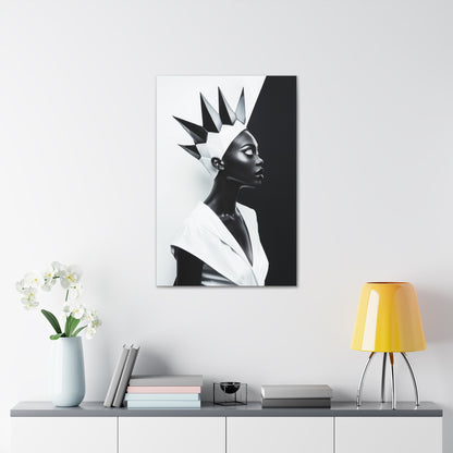 Vertical-oriented wall art: "Majestic Symmetry II" A striking portrait of a modern Black queen with a sharp geometric crown, set against a bold monochromatic background. The artwork highlights her regal elegance and symmetry, blending contemporary design with timeless sophistication.