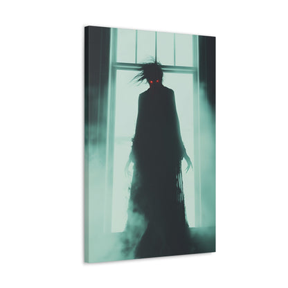 Vertical-oriented wall art: "Haunting Hunger II." A shadowy vampire figure with glowing red eyes stands in a mist-filled room, backlit by a bright window. The eerie atmosphere and chilling silhouette evoke a sense of supernatural dread and Gothic elegance.