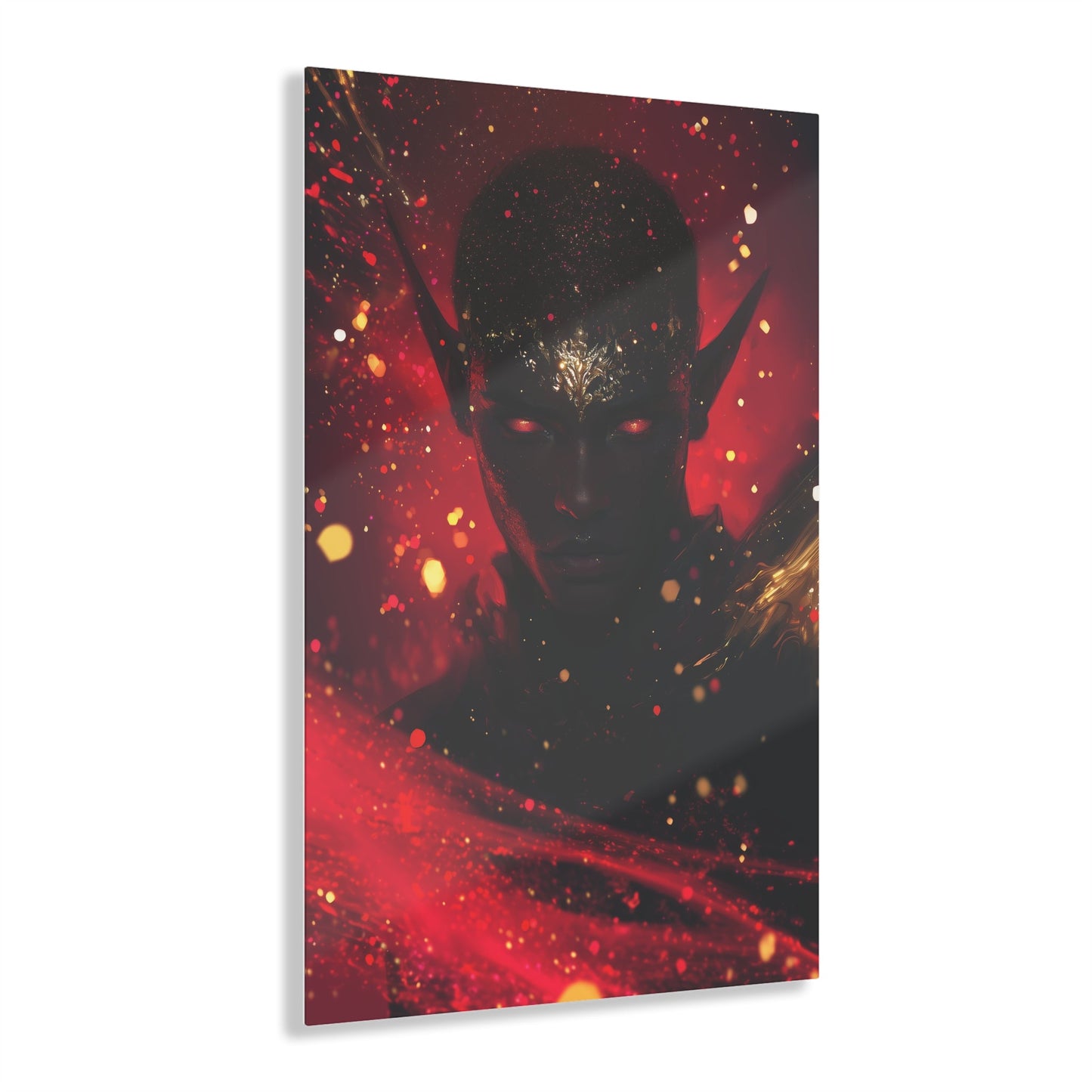 Horizontal-oriented wall art: "Obsidian Elegance" A striking portrait of a black elf with glowing red eyes and intricate gold accents adorning their forehead, set against a fiery background of vibrant red and gold hues. The artwork radiates an aura of power, mystery, and elegance, capturing the essence of ethereal beauty.