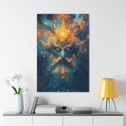 Vertical-oriented wall art "Celestial Djinn II" A cosmic djinn with glowing eyes and intricate golden patterns emerges from a swirl of azure and gold energy. This mystical artwork captures the celestial power and ancient wisdom of a divine being.