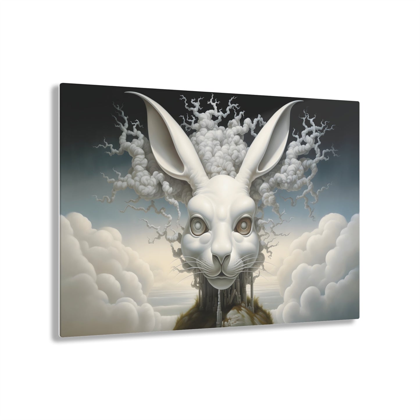 Horizontal-oriented wall art: A surreal, oversized white hare with mechanical eyes is depicted in the center, surrounded by swirling cloud-like forms. The background features a dreamy, ethereal landscape with hints of industrial architecture, blending natural and abstract elements.