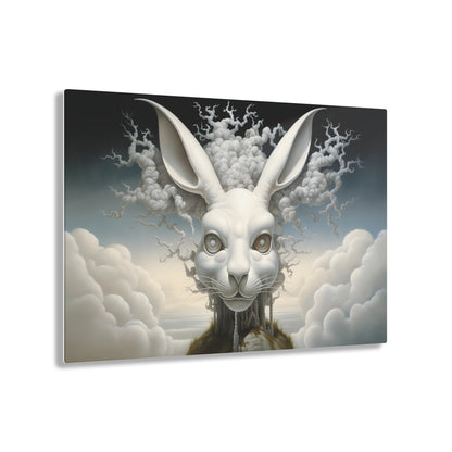 Horizontal-oriented wall art: A surreal, oversized white hare with mechanical eyes is depicted in the center, surrounded by swirling cloud-like forms. The background features a dreamy, ethereal landscape with hints of industrial architecture, blending natural and abstract elements.