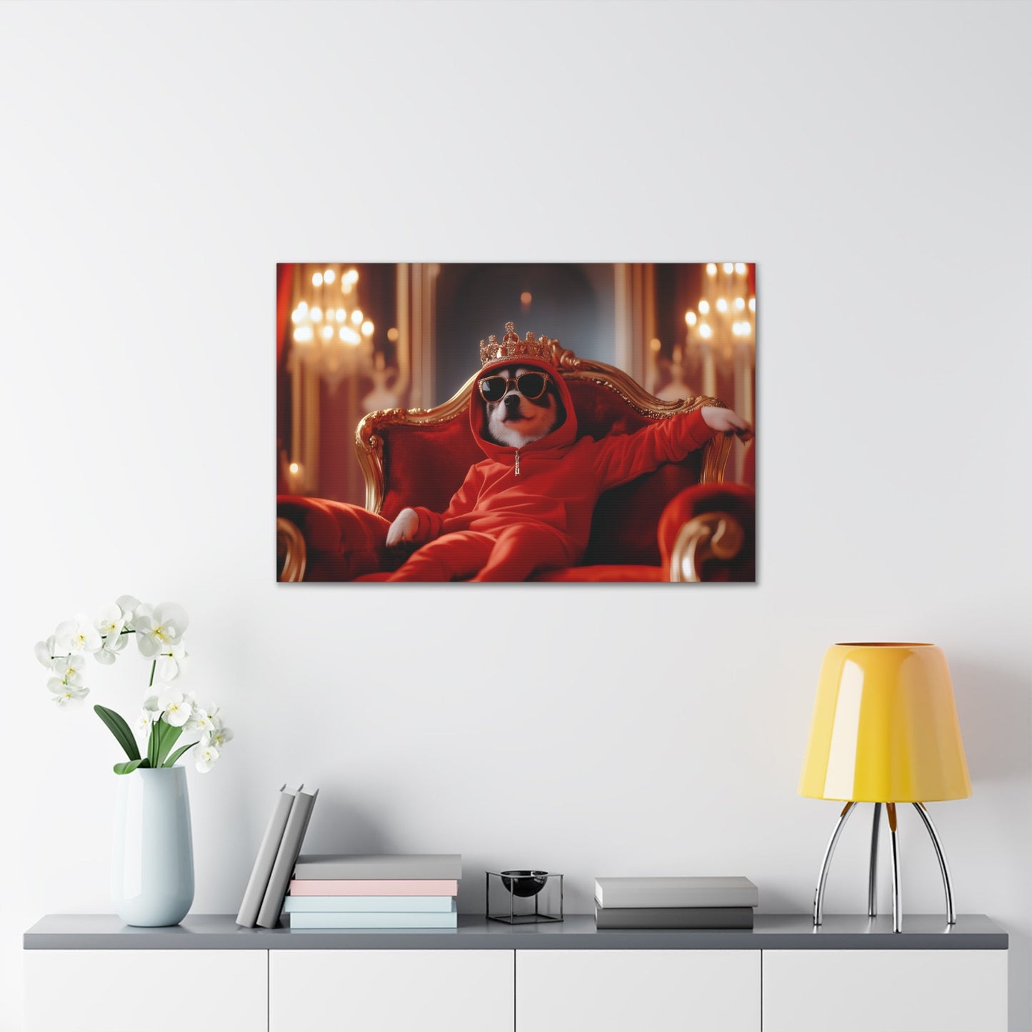 Horizontal-oriented wall art: "Crowned Companion III" A stylish dog lounges on a golden throne, wearing a crown, sunglasses, and a red hoodie in a luxurious royal setting. This playful artwork combines elegance and humor, portraying the pet as a modern ruler with personality.