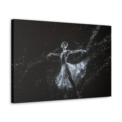 Horizontal-oriented wall art: "Cosmic Ballet III" A ballerina made of radiant, star-like dots gracefully dances against a dark, star-filled backdrop, her silhouette shining in monochromatic light. The scene captures the ethereal beauty of a cosmic dance, with stars trailing from her flowing skirt.