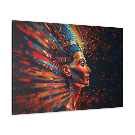 Horizontal-oriented wall art: A vibrant digital illustration featuring Queen Nefertiti adorned in regal attire, emanating an aura of grace and power against a backdrop of ancient Egyptian symbols and hieroglyphics.