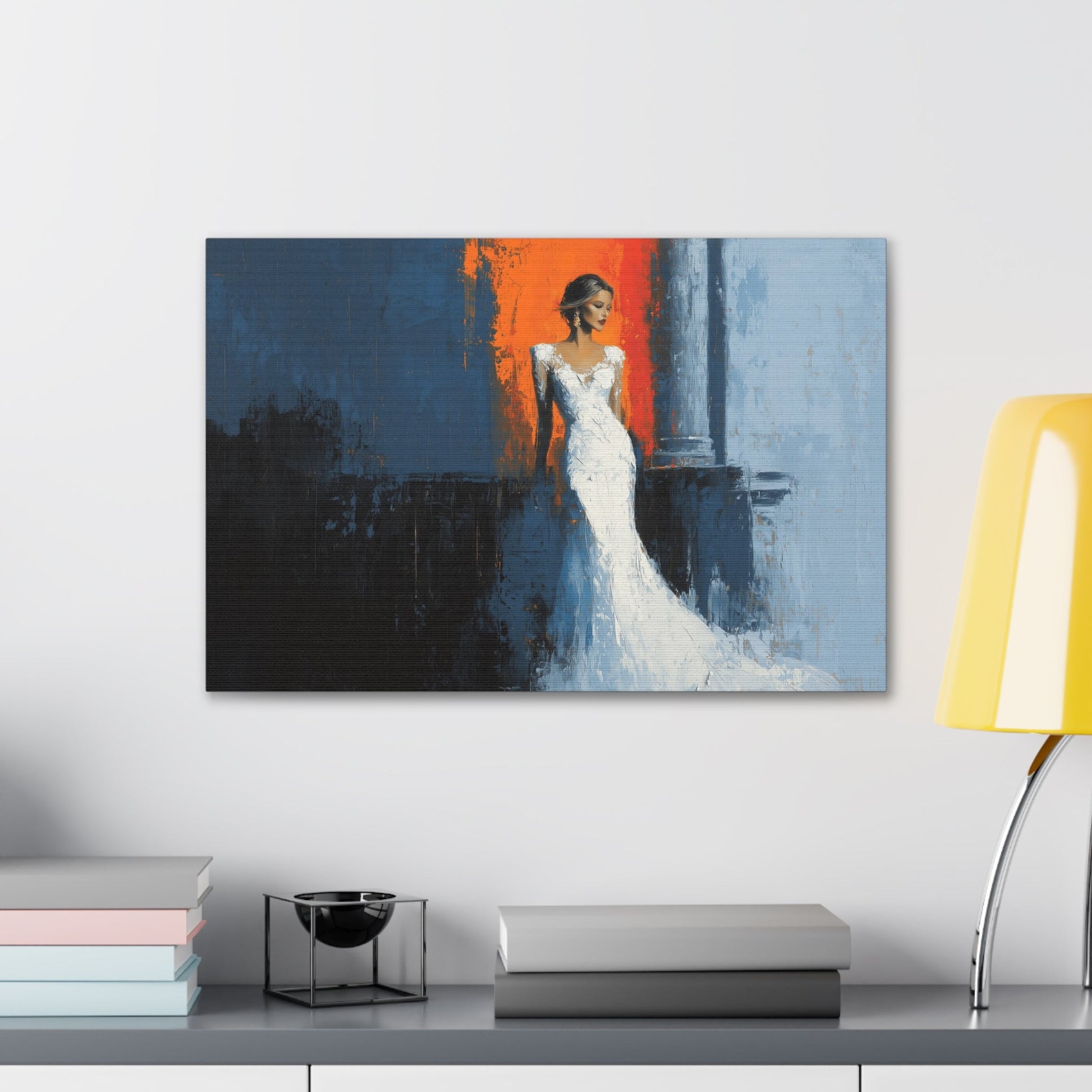 Horizontal-oriented wall art: "Ivory Vision." A poised woman stands gracefully in an ivory gown, illuminated by warm light against a vibrant orange and cool blue background. The palette knife painting technique enhances the textured details, evoking elegance and serenity.