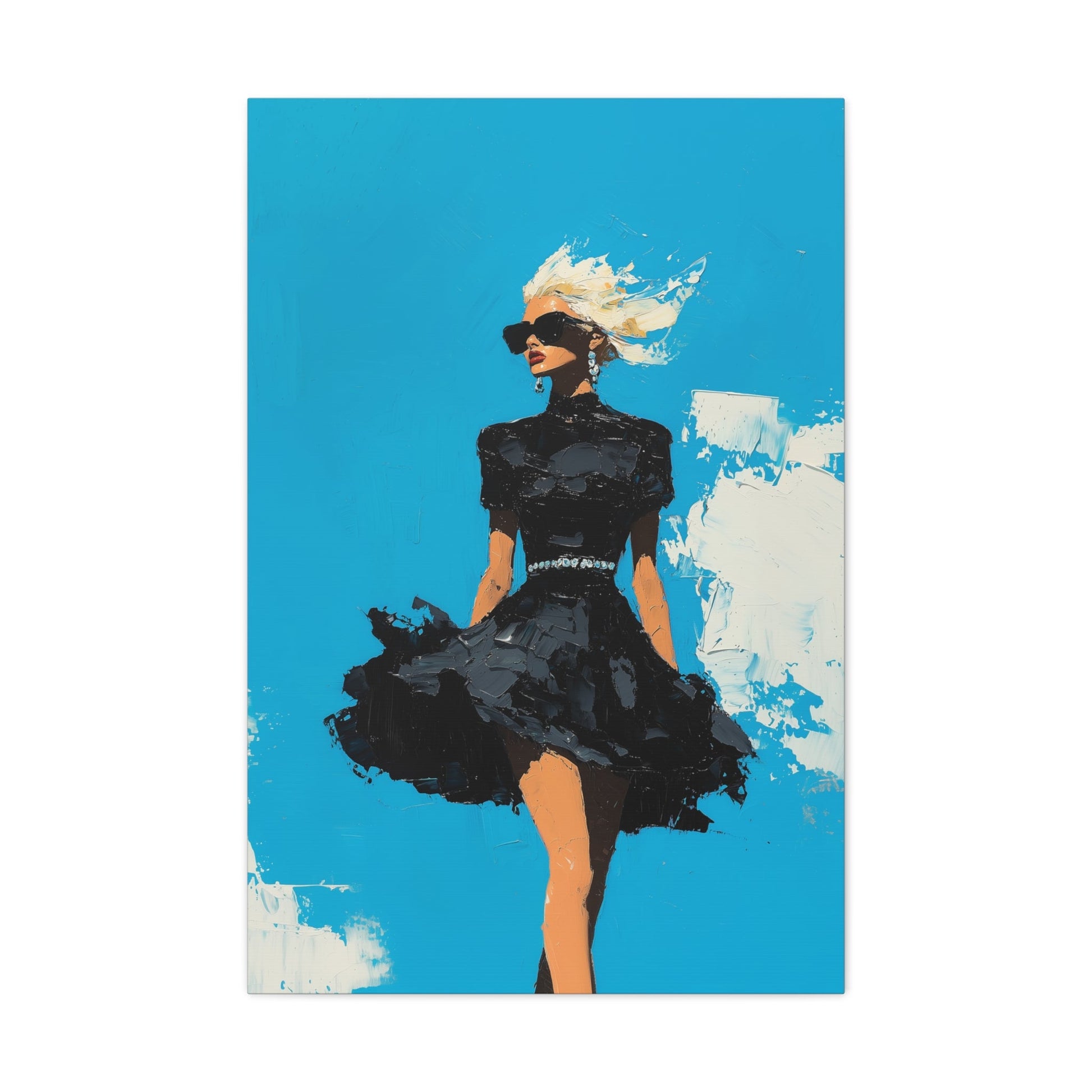 Vertical-oriented wall art: "Black Enigma II." A confident woman walks gracefully in a textured black dress, her wind-blown hair illuminated against a vibrant cerulean sky. The bold palette knife technique and striking contrasts emphasize empowerment and elegance.