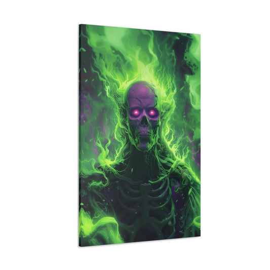 Vertical-oriented artwork: An eerie illustration featuring a mystical lich with glowing eyes, surrounded by eldritch energies in shades of green and purple, against a dark, ominous background.