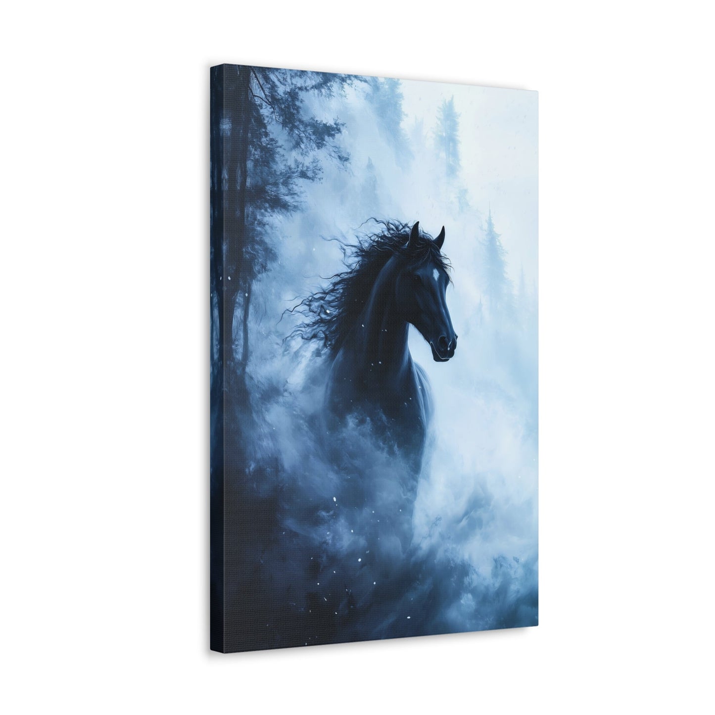 Vertical-oriented wall art: "Shadowed Stallion IV" A powerful black stallion charges through a misty forest, its mane flowing wildly as snow swirls around it. The contrast between the horse's dark figure and the soft, ethereal fog creates a striking, otherworldly scene.