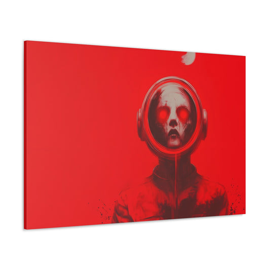 Horizontal-oriented wall art: "Cosmic Remains III" A decayed astronaut with glowing red eyes floats in a stark, blood-red background, evoking a sense of cosmic horror. The minimalist design and unsettling imagery create an intense feeling of dread and isolation.