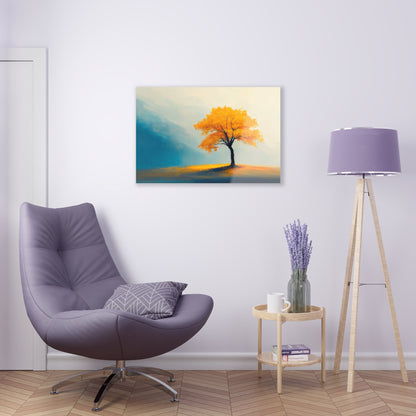 Horizontal-oriented wall art: Artwork titled Autumn’s Glow from the Ethereal Horizons collection, featuring a vibrant golden tree standing alone in a serene, misty landscape. The composition combines warm amber tones with soft teal hues, evoking tranquility and the timeless beauty of autumn.