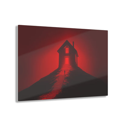 Horizontal-oriented wall art: Artwork titled Crimson Ascent from the Ruby Realms collection, featuring a glowing red house atop a hill with a solitary figure ascending a shadowed staircase. The piece creates an eerie and surreal atmosphere with its intense red glow and dramatic contrast.