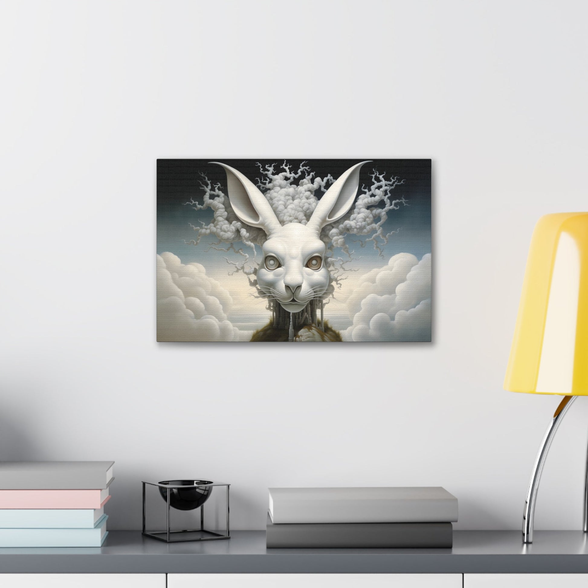 Horizontal-oriented wall art: A surreal, oversized white hare with mechanical eyes is depicted in the center, surrounded by swirling cloud-like forms. The background features a dreamy, ethereal landscape with hints of industrial architecture, blending natural and abstract elements.