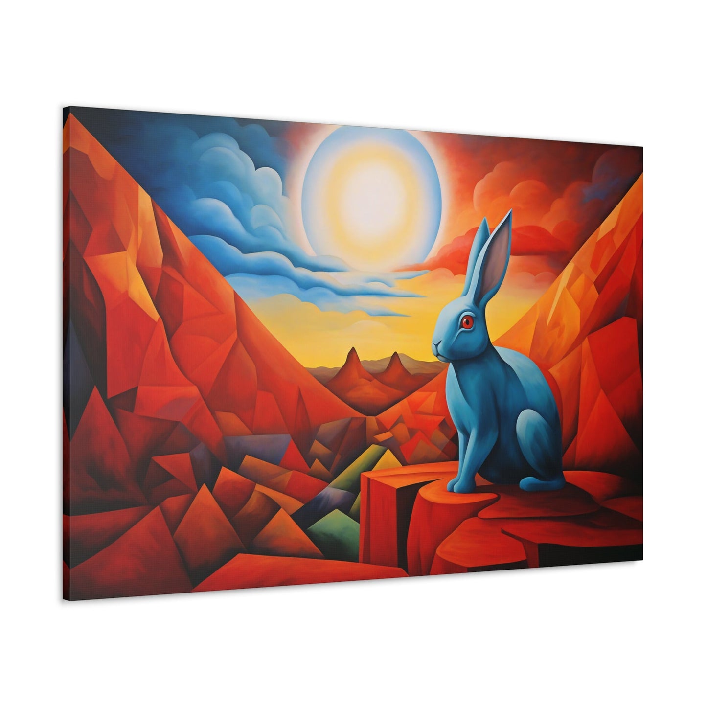 Horizontal-oriented wall art: "Vortic Hare III" features a vibrant blue rabbit sitting calmly on angular red rocks in a surreal, geometric landscape with a glowing sun in the background. The bold contrast of vivid blue, red, and orange tones evokes a dynamic fusion of Vorticism, Cubism, and Surrealism.